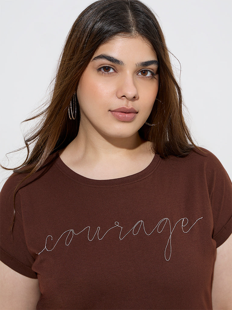 Gia Dark Brown Typographic Design Cotton T-Shirt