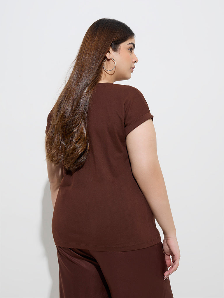 Gia Dark Brown Typographic Design Cotton T-Shirt