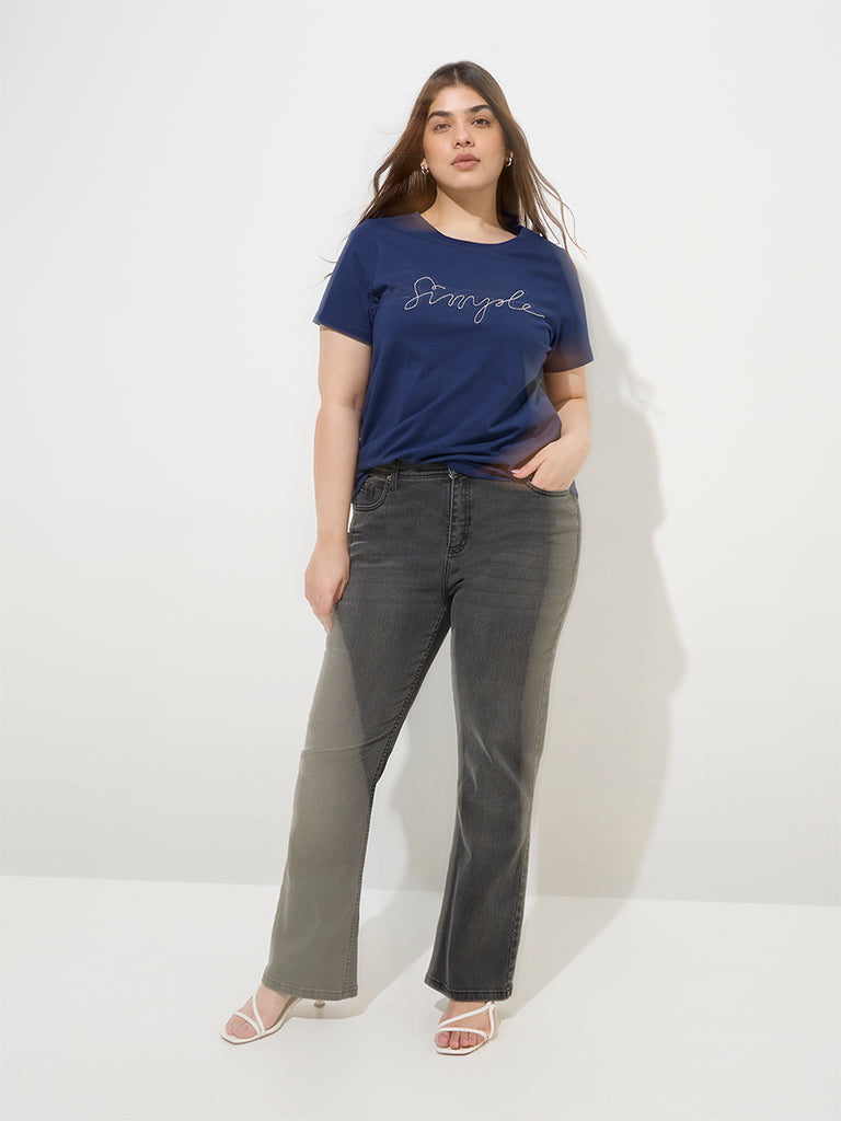 Gia Navy Text Printed Cotton T-Shirt