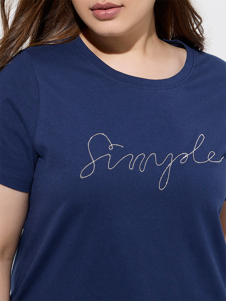 Gia Navy Text Printed Cotton T-Shirt