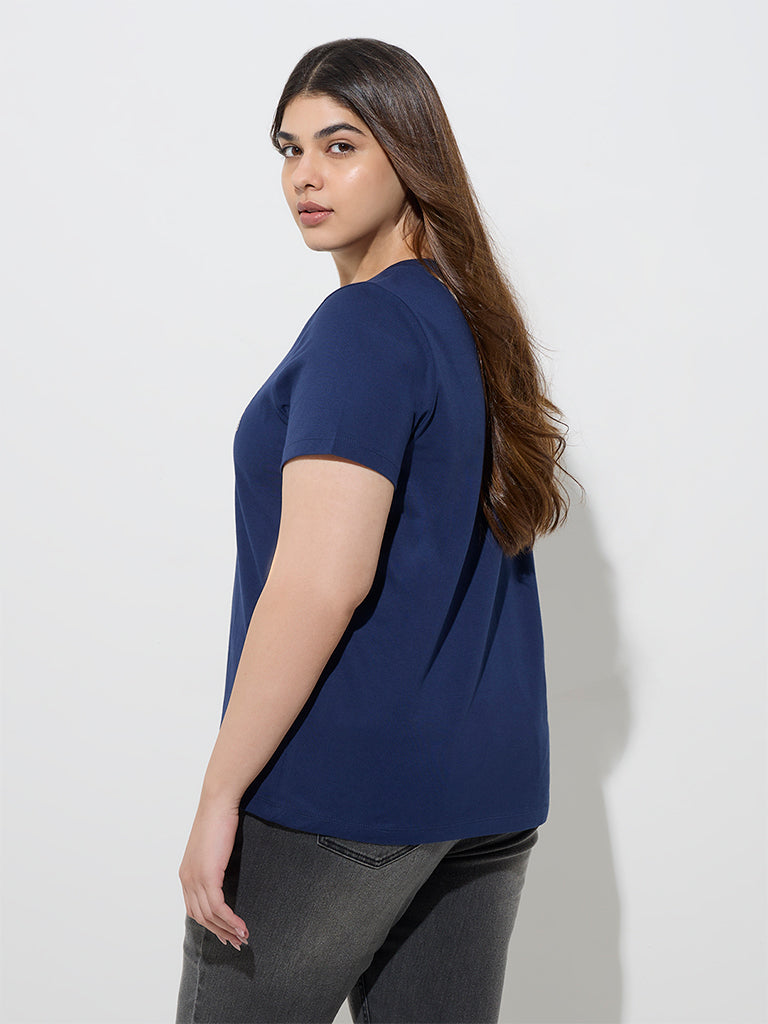 Westside Gia Women's Navy Text Printed Cotton T-Shirt for Casual Wear Back View