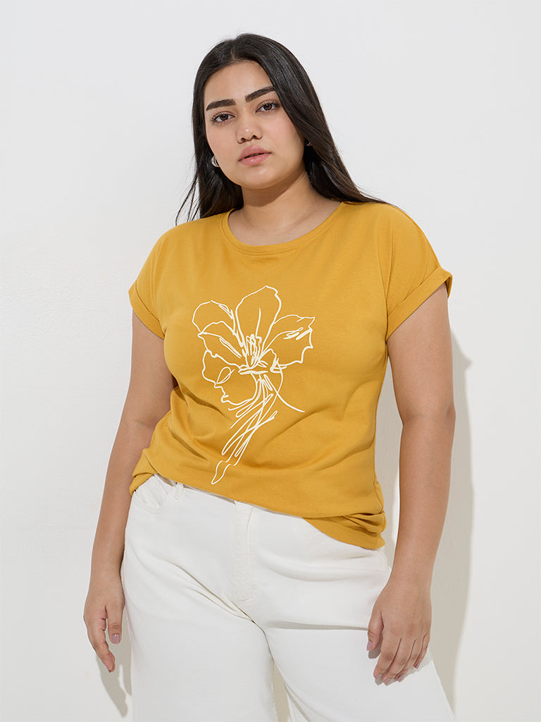 Gia Mustard Floral Printed Cotton T-Shirt