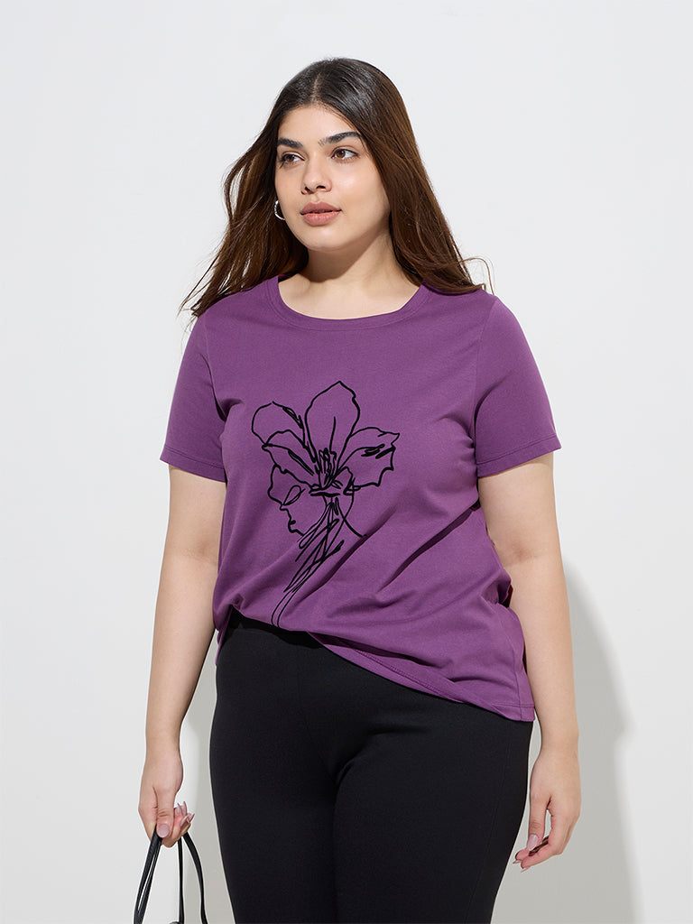Gia Purple Floral Design Cotton T-Shirt