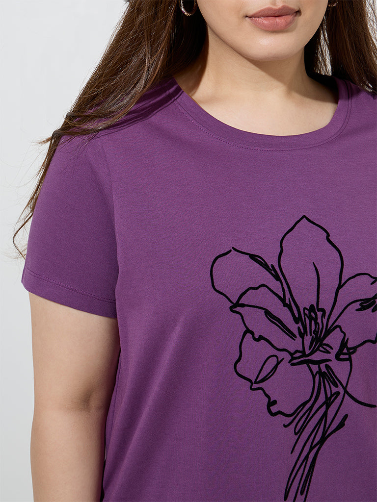 Gia Purple Floral Design Cotton T-Shirt