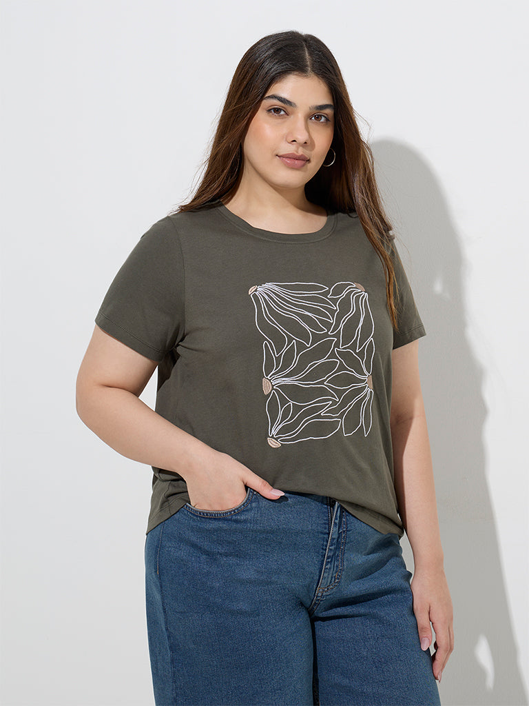 Gia Olive Floral Printed Cotton T-Shirt