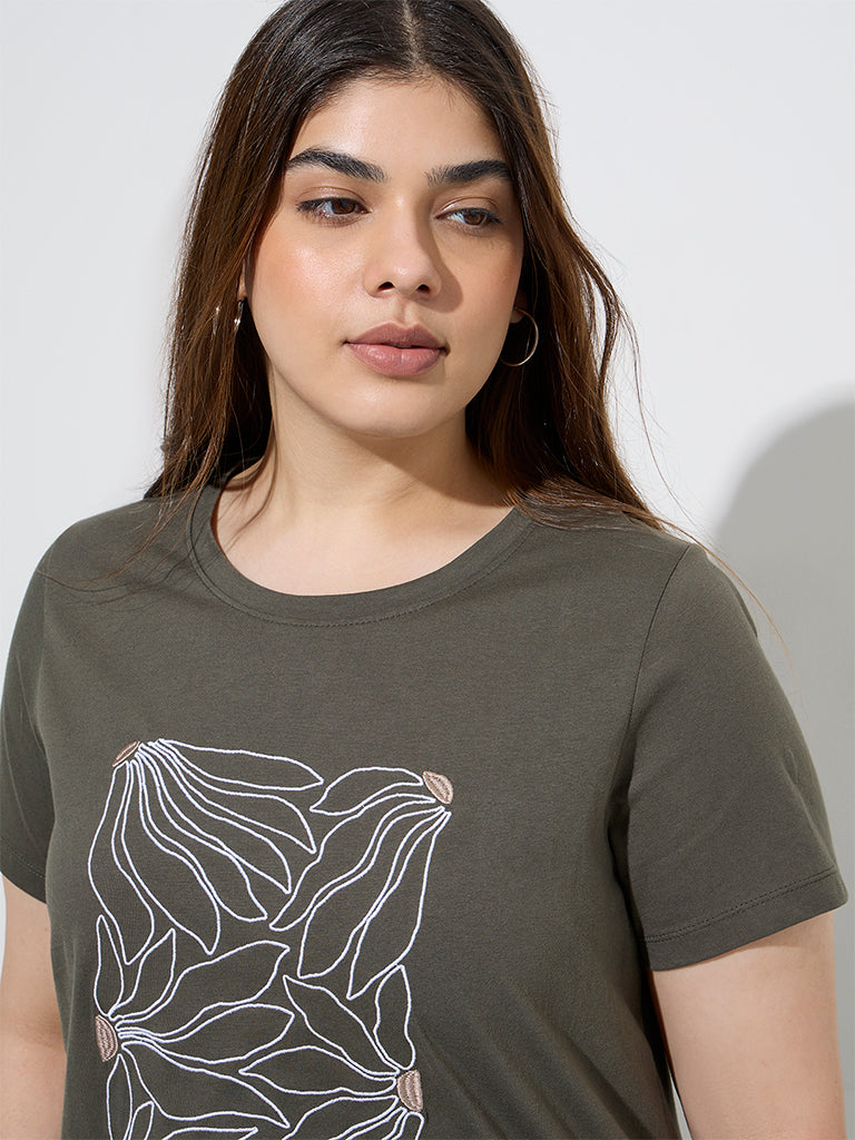 Gia Olive Floral Printed Cotton T-Shirt