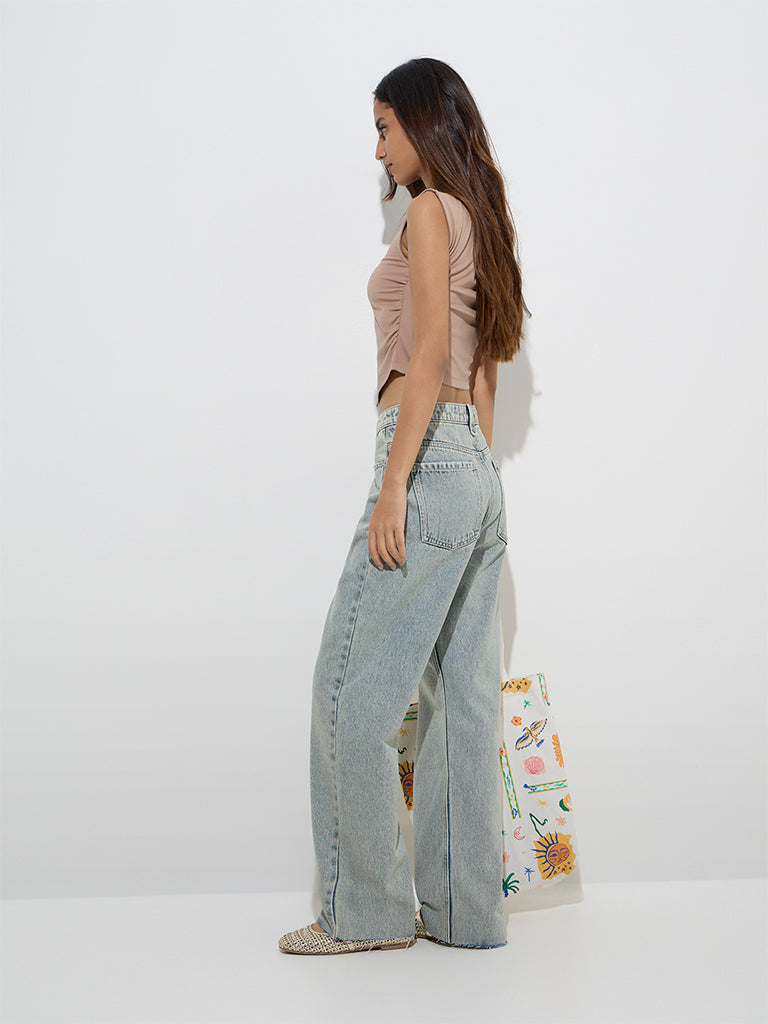 westisde Nuon Women's Light Blue Washed Relaxed-Fit Mid-Rise Jeans for Casual Wear Back View