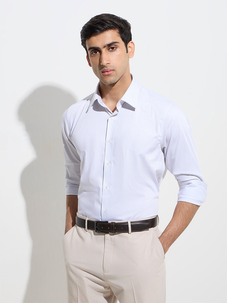 Westside WES Formals Men's Beige Stripe Patterned Slim-Fit Cotton Shirt for Work Wear Front View
