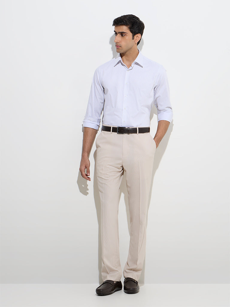 Westside WES Formals Men's Beige Stripe Patterned Slim-Fit Cotton Shirt for Work Wear Full Model View