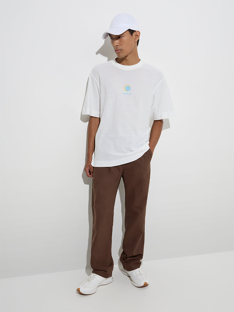 Nuon White Embroidered Relaxed-Fit Cotton T-Shirt