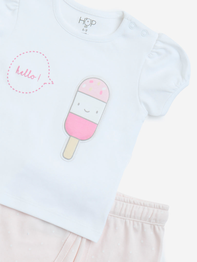 westisde HOP Baby Girls' White Printed Cotton Top with Shorts Set for Casual Wear Zoom View