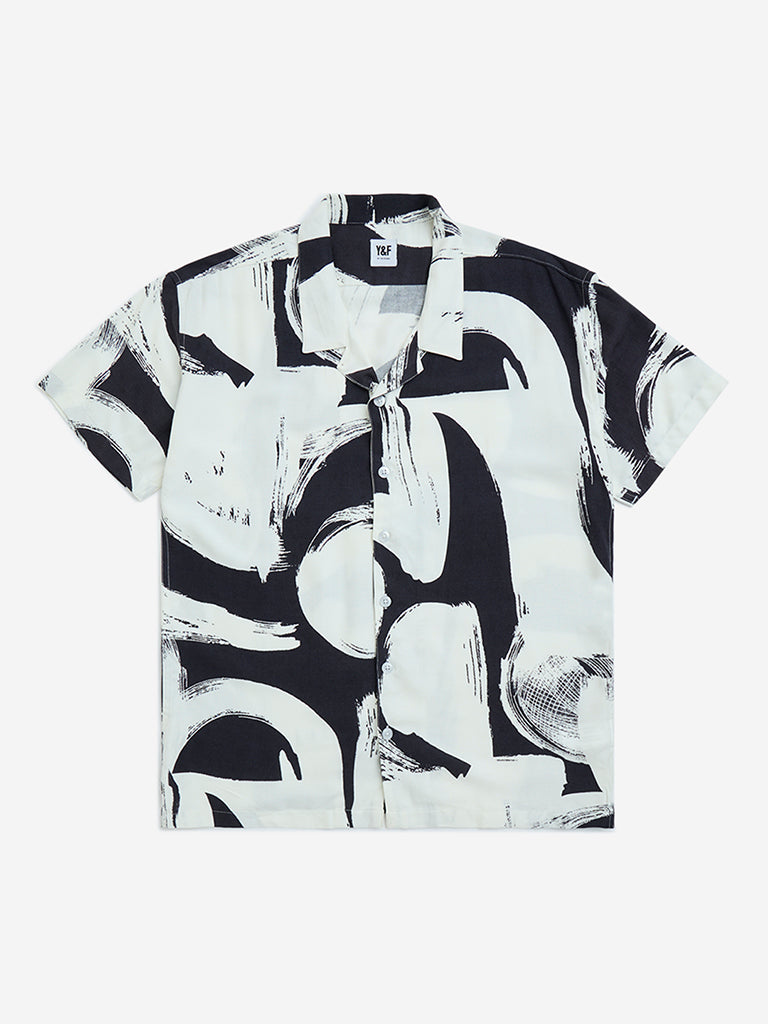 Y&F Kids White Abstract Printed Resort-Fit Shirt