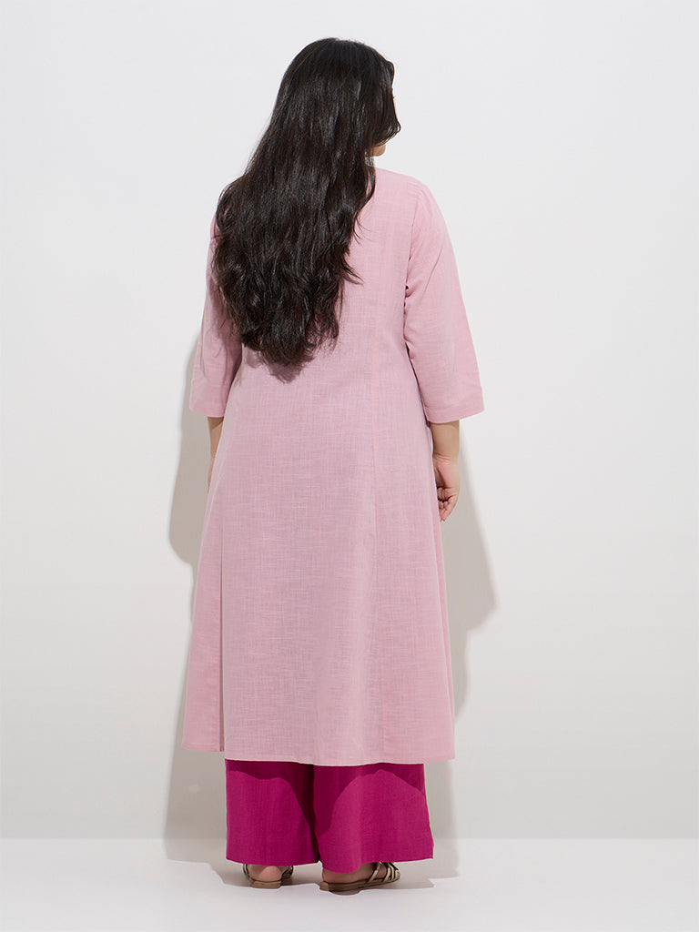 Westside Diza Women's Pink Tropical Embroidered Cotton A-Line Kurta for Work Wear Back View