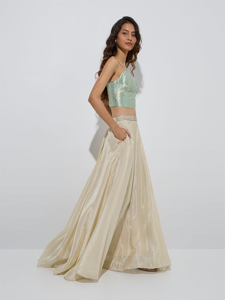 westisde Vark Women's Mint Brocade Corset-Style Ethnic Top for Festive Wear Full Model View