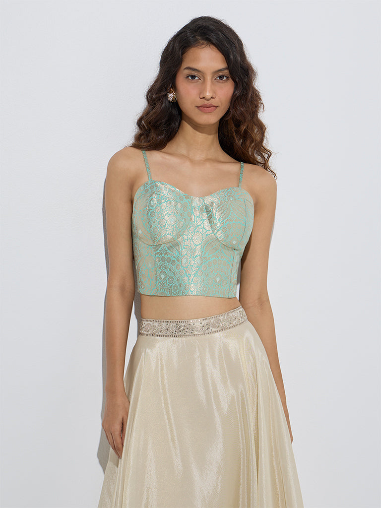 westisde Vark Women's Mint Brocade Corset-Style Ethnic Top for Festive Wear Front View