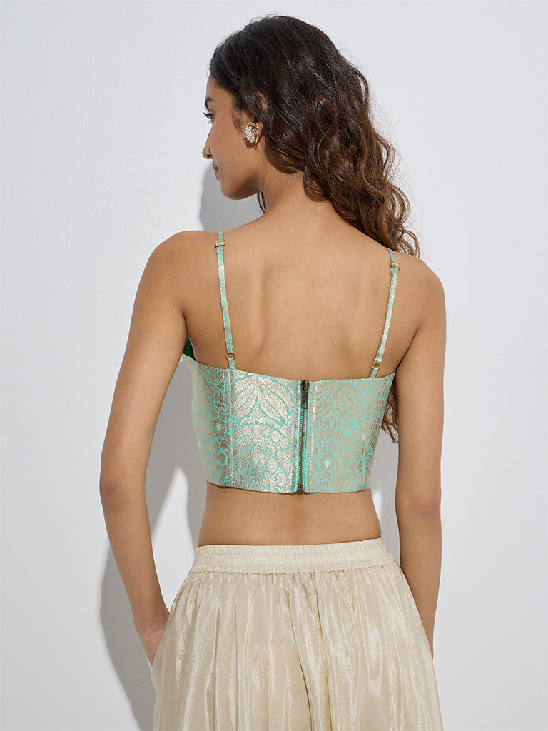 westisde Vark Women's Mint Brocade Corset-Style Ethnic Top for Festive Wear Back View