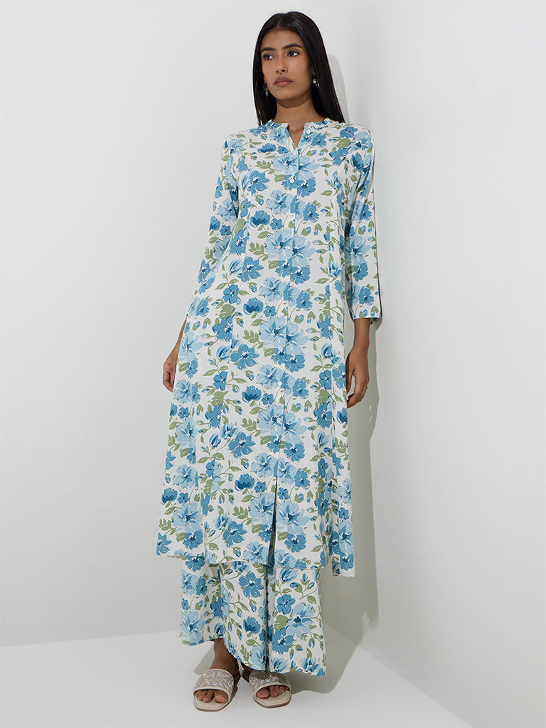 Utsa Blue Floral Patterned A-Line Kurta
