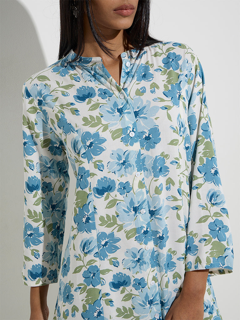 Utsa Blue Floral Patterned A-Line Kurta