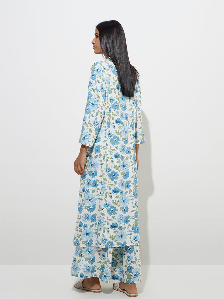 westisde Utsa Women's Blue Floral Patterned A-Line Kurta for Work Wear Back View
