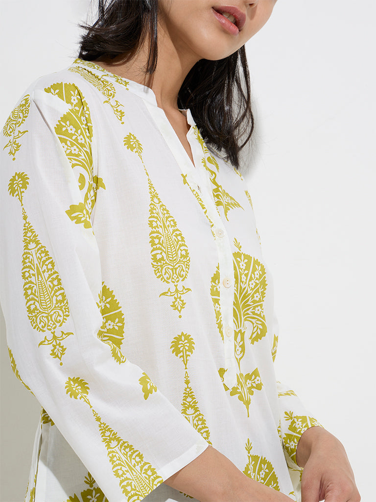 Utsa Lime Floral Pattern Cotton Straight Kurta