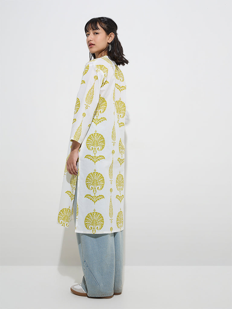 Utsa Lime Floral Pattern Cotton Straight Kurta