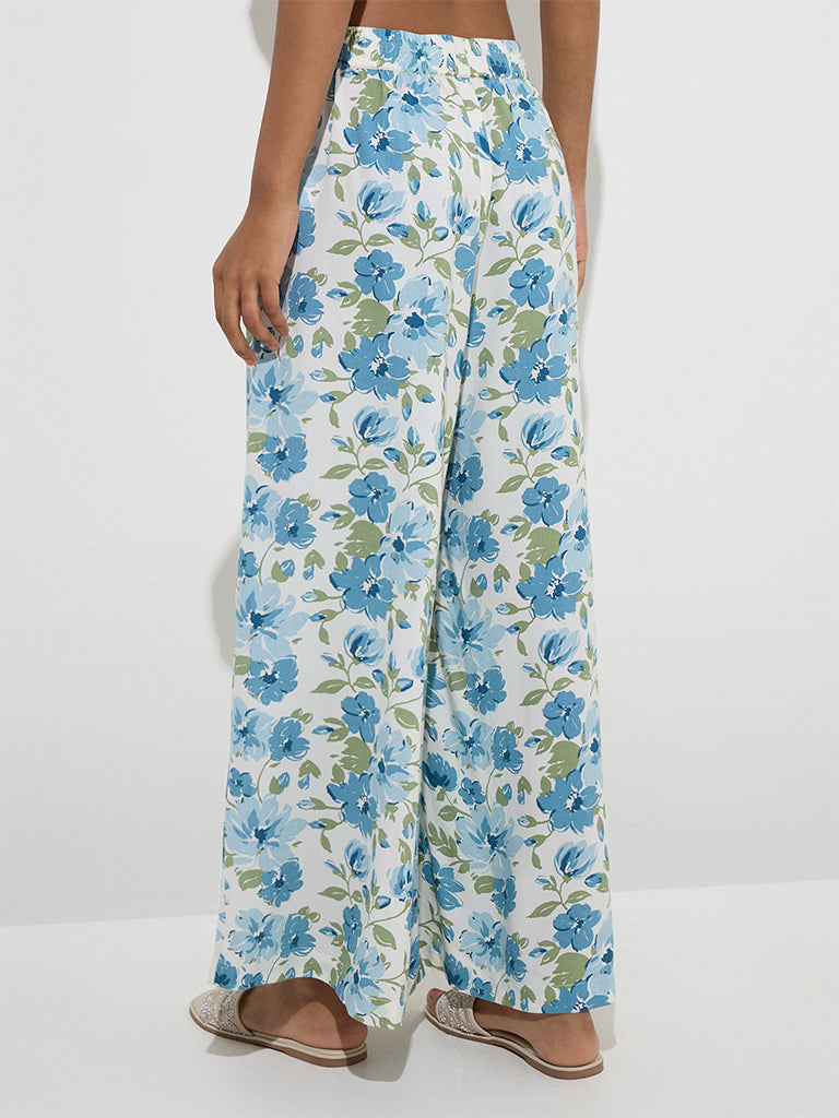 westisde Utsa Women's Blue Floral Printed Palazzos for Everyday Back View