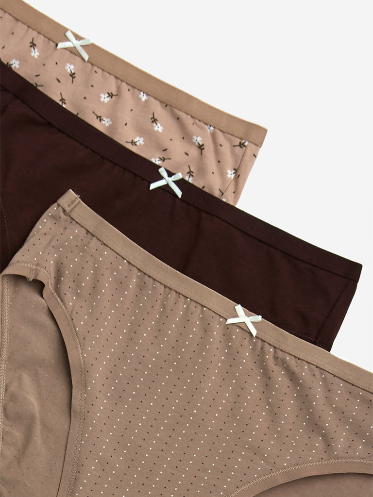 Wunderlove Taupe Cotton-Blend Hi-Leg Briefs - Pack of 3