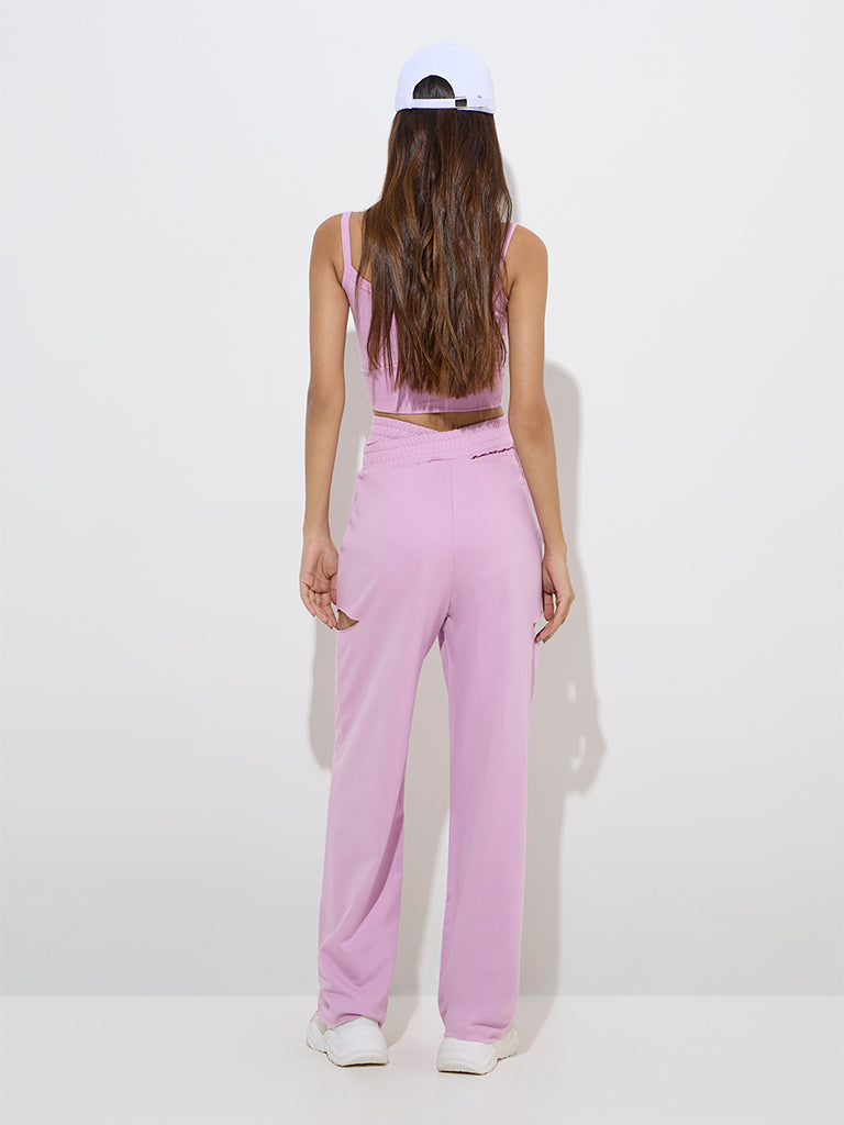 Westside Studiofit Women's Pink Cut-Out Design High-Rise Cotton Track Pants for Sports Wear Back View