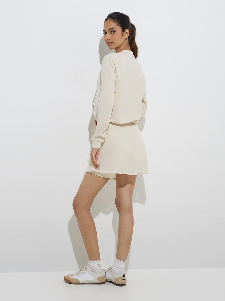 Westside Studiofit Women's Cream Mesh Detailed High-Rise Cotton-Blend Skirt for Sports Wear Back View