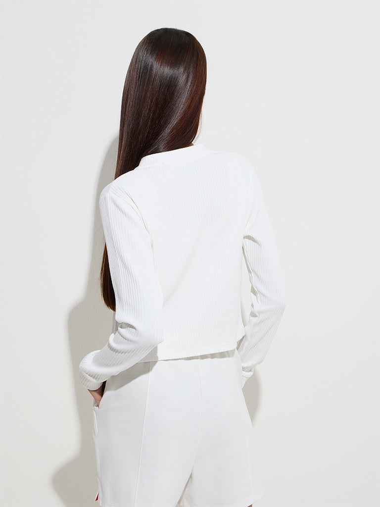 Westside Studiofit Women's White Ribbed-Textured Jacket for Sports Wear Back View