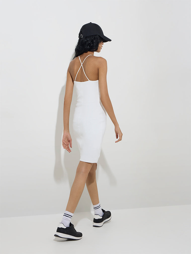 Westside Studiofit Women's White Ribbed Cotton-Blend Bodycon Dress for Sports Wear Back View