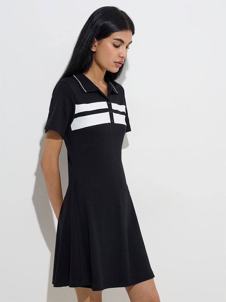 Studiofit Black Ribbed Cotton-Blend A-Line Dress