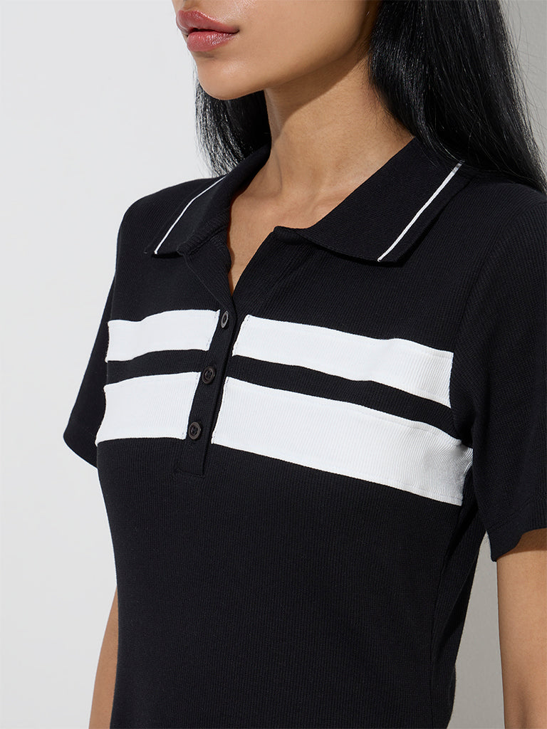 Studiofit Black Ribbed Cotton-Blend A-Line Dress