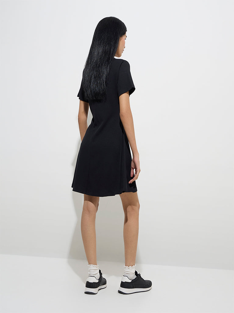 Studiofit Black Ribbed Cotton-Blend A-Line Dress