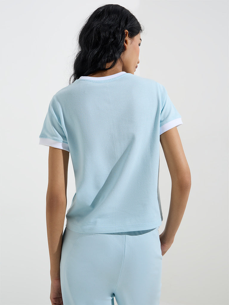 Westside Studiofit Women's Light Blue Printed Cotton T-Shirt for Sports Wear Back View