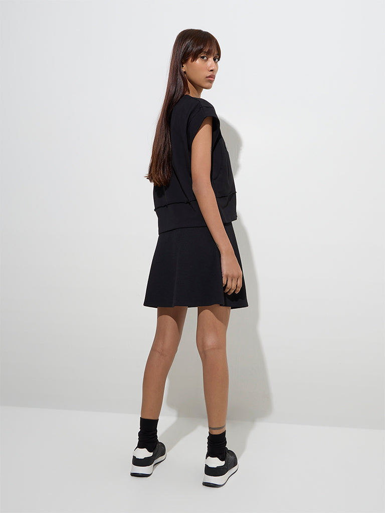 Westside Studiofit Women's Black Text Pattern Cotton T-Shirt for Sports Wear Back View