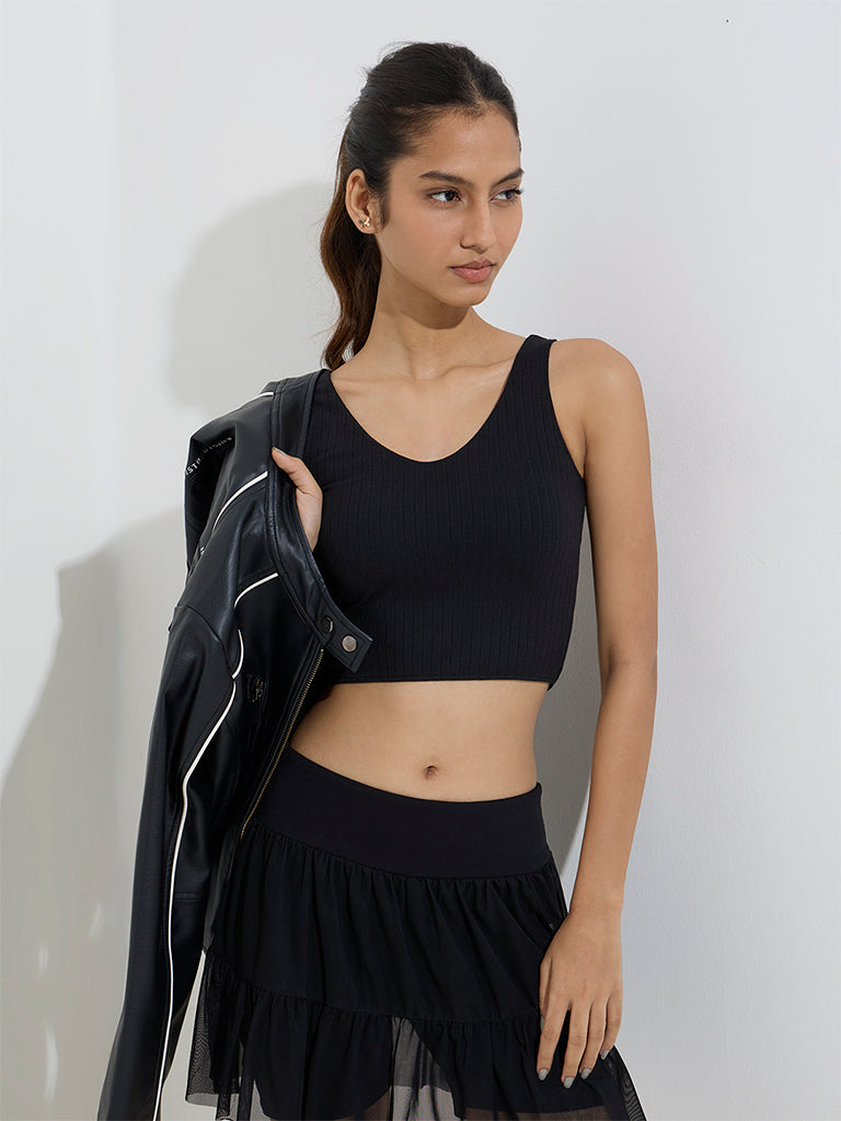 Studiofit Black Self-Striped Padded Sports Bra