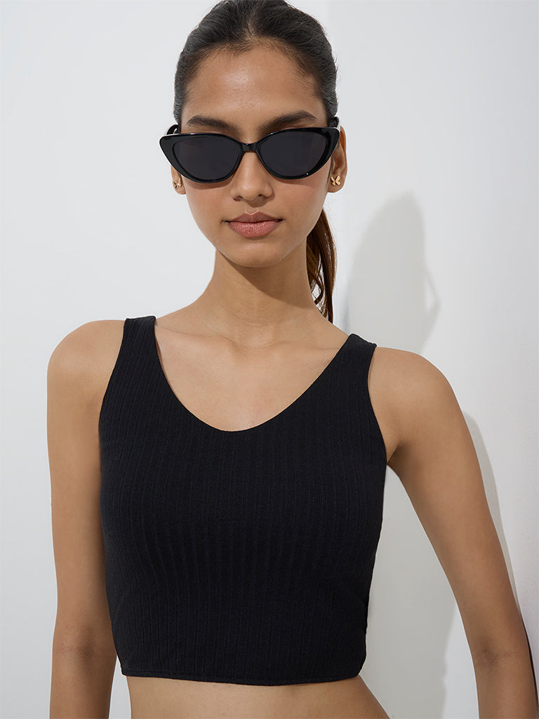 Studiofit Black Self-Striped Padded Sports Bra