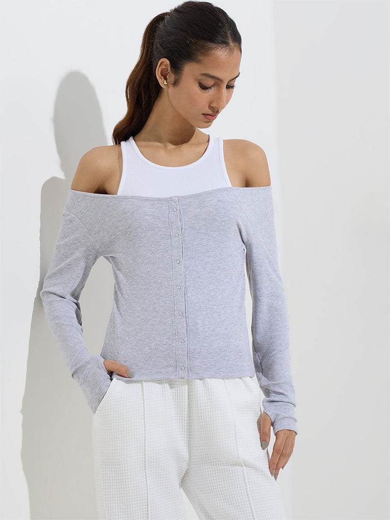 Studiofit Grey Melange Ribbed-Textured T-Shirt