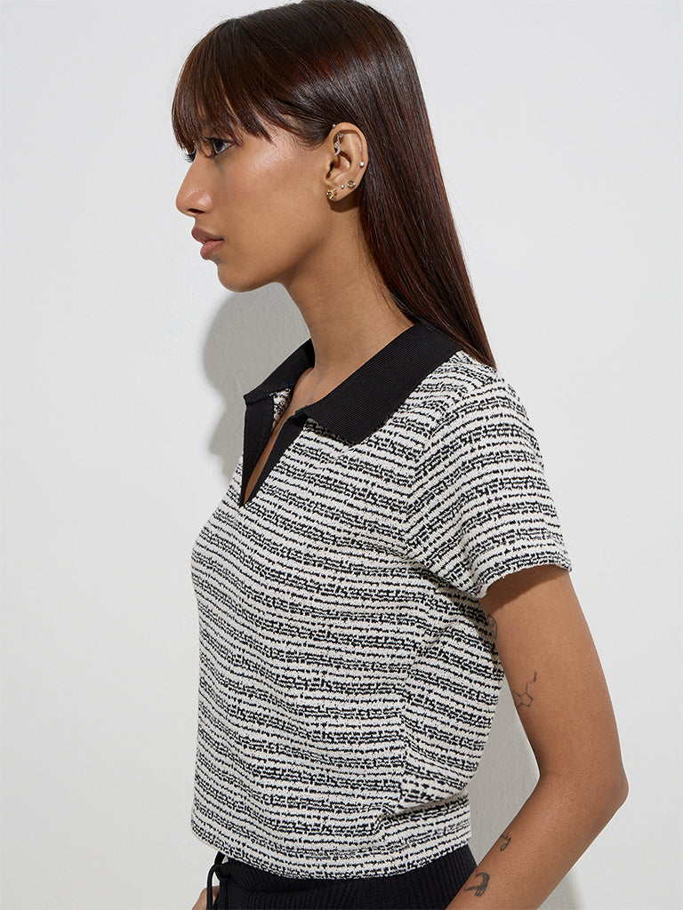Studiofit Black Striped Knit-Textured Polo T-Shirt