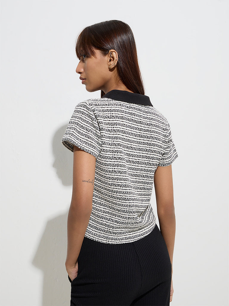Studiofit Black Striped Knit-Textured Polo T-Shirt