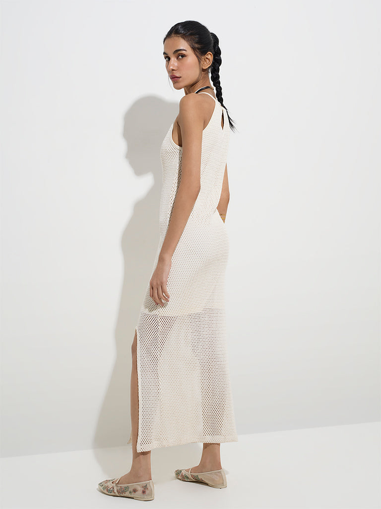 Westside Nuon Women's Off-White Knit-Textured Cotton Straight Dress for Casual Wear Back View