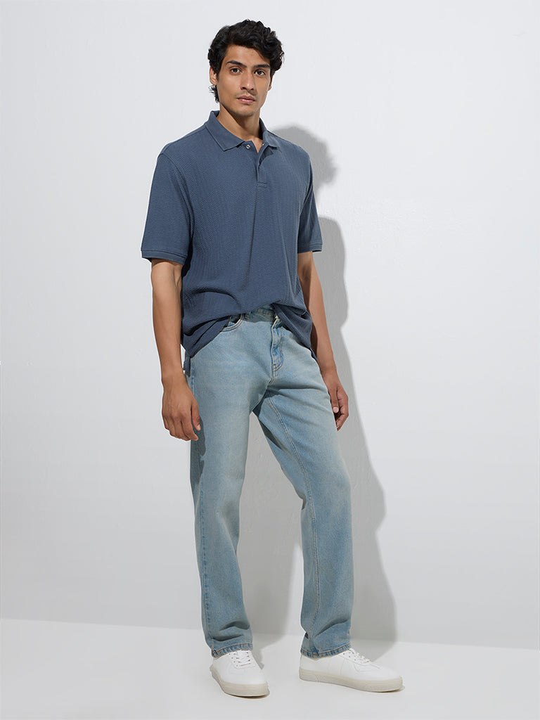 Westside WES Casuals Men's Dusty Blue Self Relaxed-Fit Polo T-Shirt for Casual Wear Full Model View
