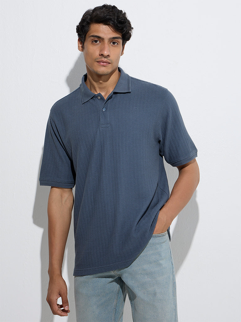 Westside WES Casuals Men's Dusty Blue Self Relaxed-Fit Polo T-Shirt for Casual Wear Front View