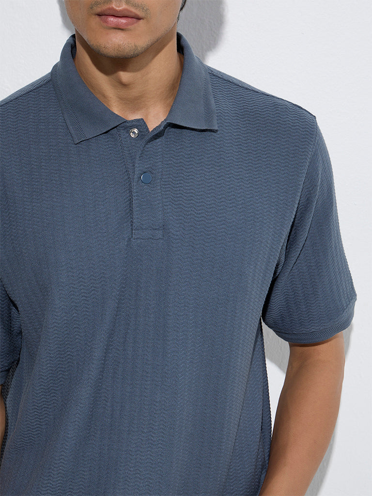 Westside WES Casuals Men's Dusty Blue Self Relaxed-Fit Polo T-Shirt for Casual Wear Zoom View