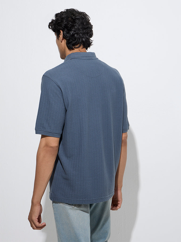 Westside WES Casuals Men's Dusty Blue Self Relaxed-Fit Polo T-Shirt for Casual Wear Back View