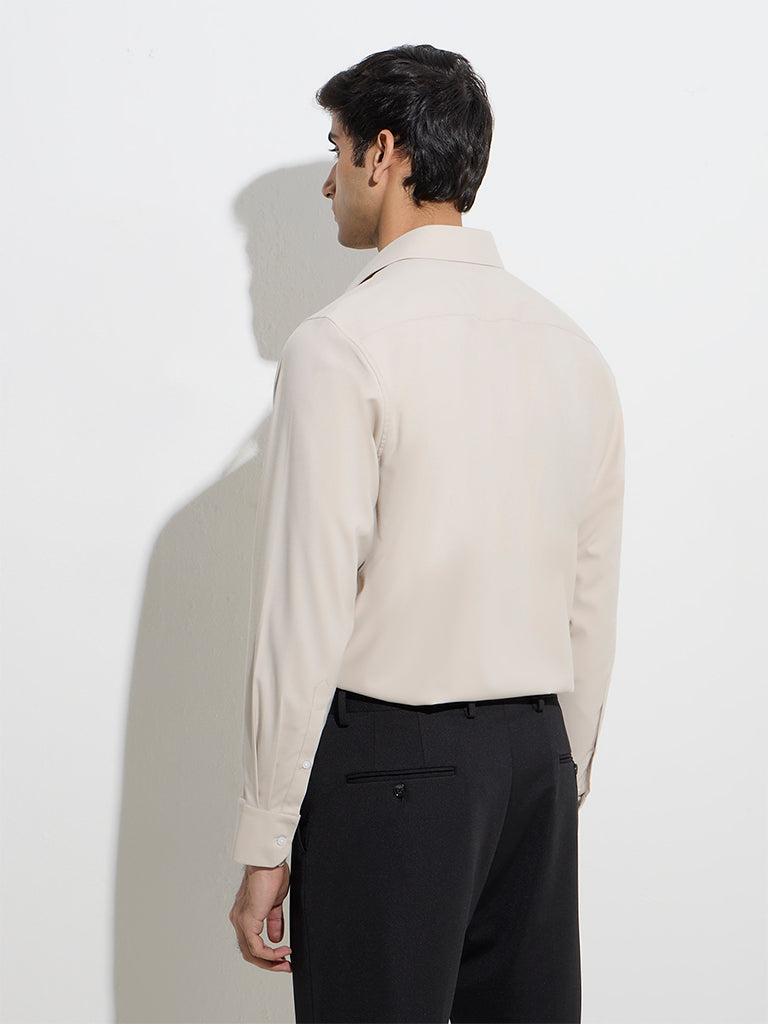 Westside WES Formals Men's Beige Solid Slim-Fit Cotton Shirt for Work Wear Back View
