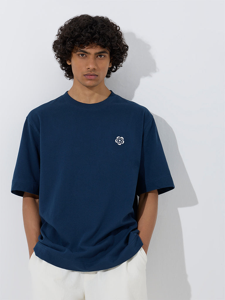 westisde Studiofit Men's Dark Blue Typographic Relaxed-Fit Cotton T-Shirt for Sports Wear Front View