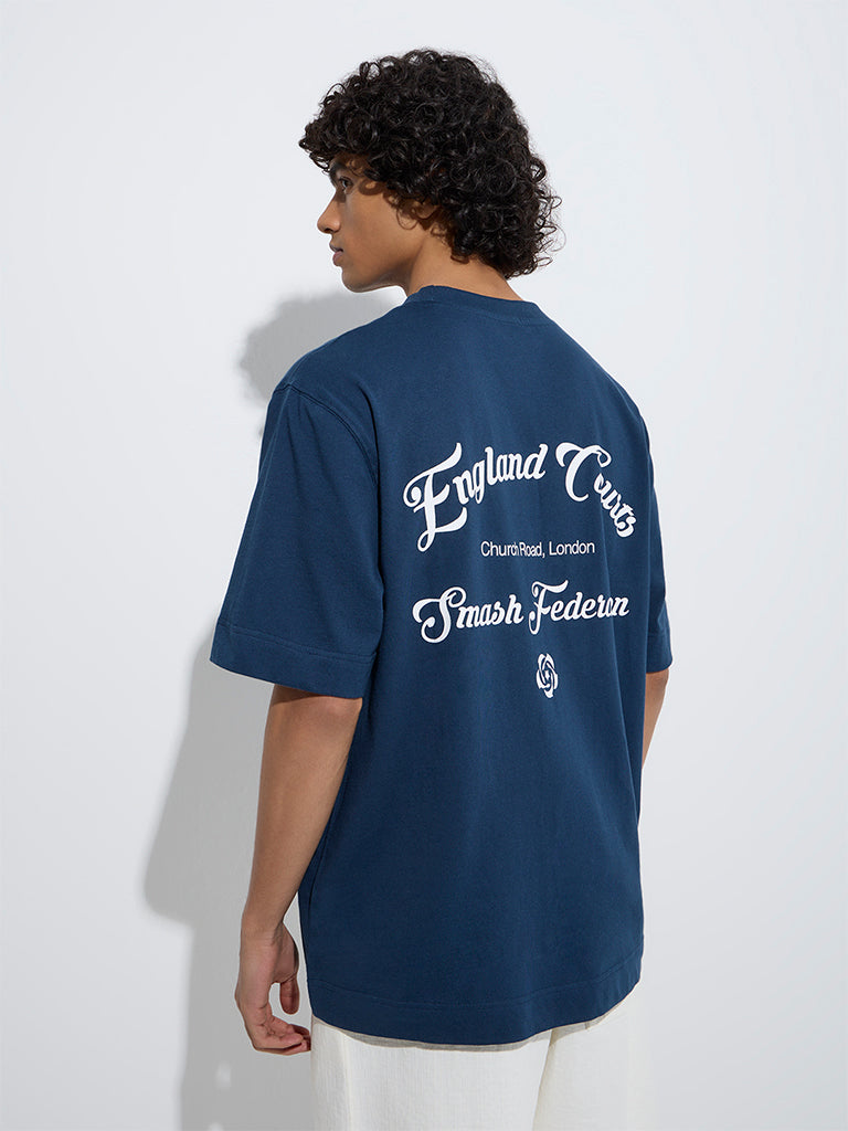 westisde Studiofit Men's Dark Blue Typographic Relaxed-Fit Cotton T-Shirt for Sports Wear Back View