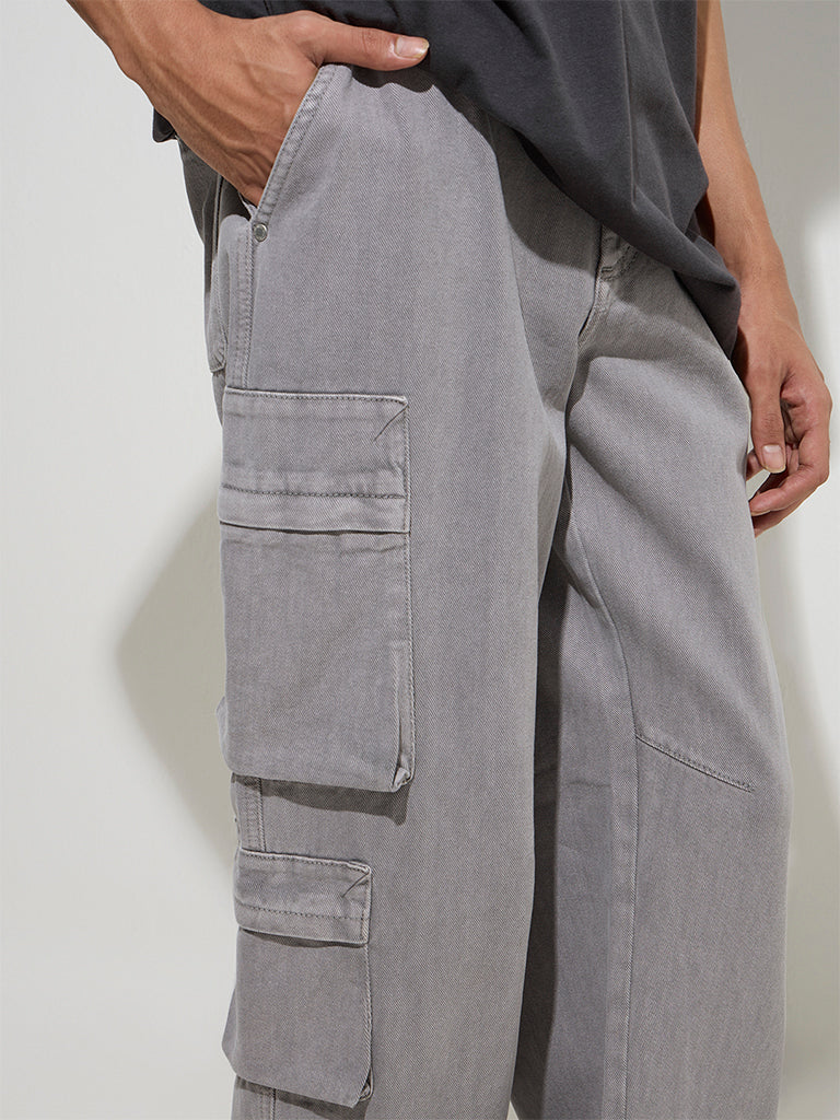 Nuon Grey Cargo-Style Relaxed-Fit Mid-Rise Jeans
